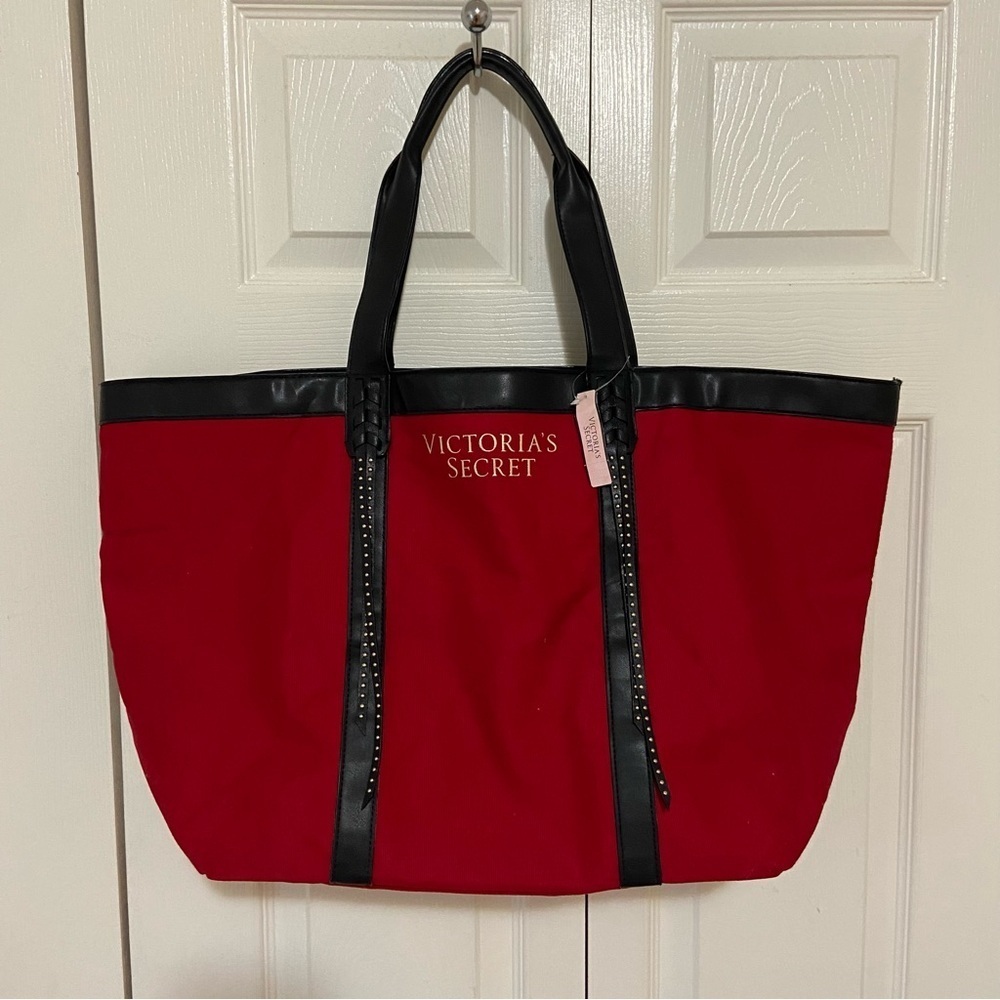 Victoria’s Secret NWT Red and Black Studded Tassel Canvas Tote Bag Purse - Picture 2 of 7